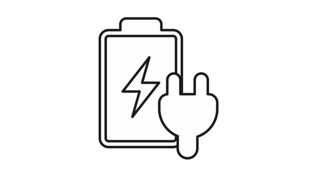 Minimalist black line art vector icon of a battery with a lightning bolt symbol and an electrical plug, representing power charging, energy storage, and electrical supply illustration.