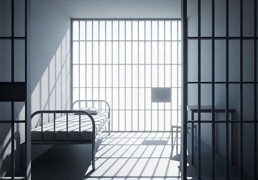 This is an image showing a jail cell with a bed