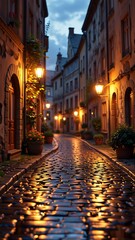 Fototapeta premium photograph cobblestone street european city dusk street lined old fashioned buildings both sides row windows arched windows buildings lit warm orange yellow lights creating cozy atmosphere