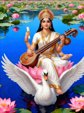 Goddess Saraswati Playing Veena on Lotus, Goddess of Knowledge and Wisdom