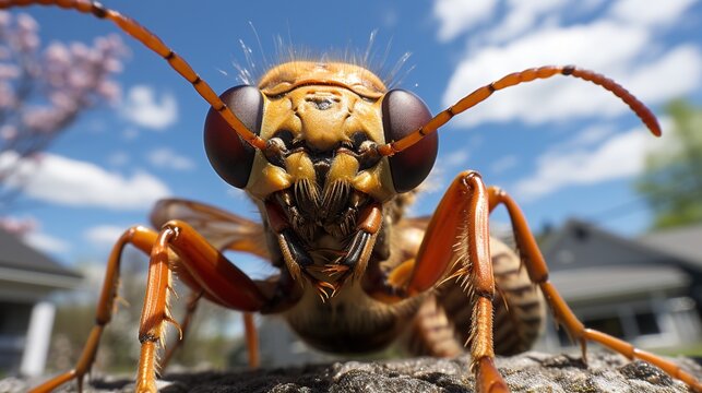 Extreme Macro Close Up of Grasshopper on Dry Ground with Wide Angle Perspective