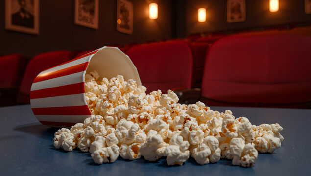 夜の映画館でテーブルにこぼれたポップコーンが映えるシネマ空間
