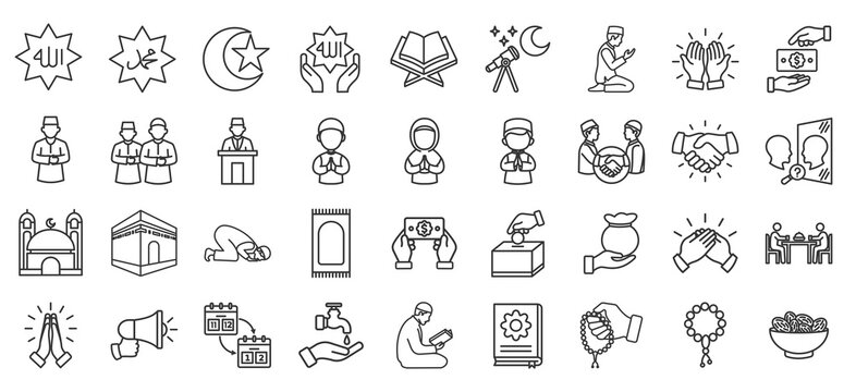 Islamic newyear outline icon set. Contain islamic newyear, hijri calendar, hijrah event, culture, celebration, blessings, prayer, tradition, rituals, community, spirituality, reflection, greetings