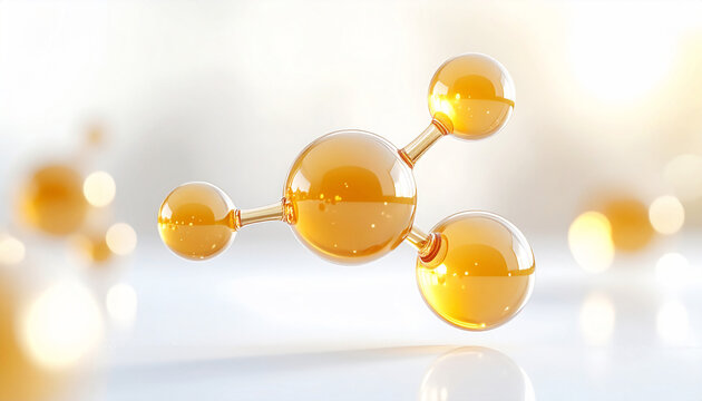 ビタミンとレチノールをイメージしたゴールドの分子構造3Dイラスト、透明感とハリを表現する先端スキンケア研究ビジュアル Gold molecular structure 3D illustration inspired by vitamins and retinol, visual for advanced skincare research expressing clarity and firmn