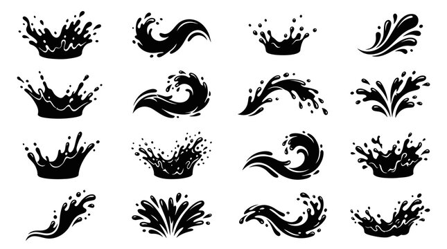 Black  White Silhouette Water Splashes and Waves Vector Set