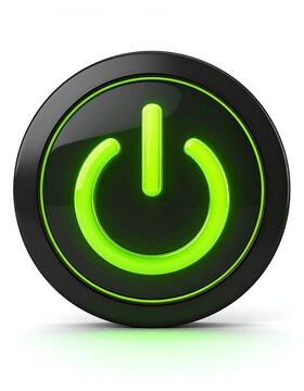 Glowing green power button on black background, ready to activate.