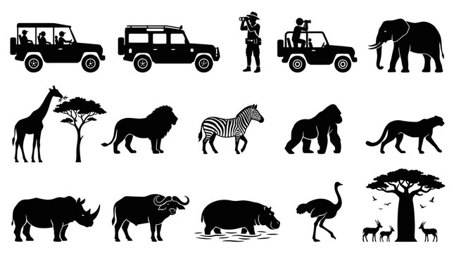 African Safari Wildlife Animals and Tourist Vehicles Silhouettes Set  Travel Glyphs Collection