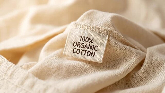 Soft beige organic cotton fabric label promoting climate smart business sustainable garment textile breathable natural material organic cotton beige