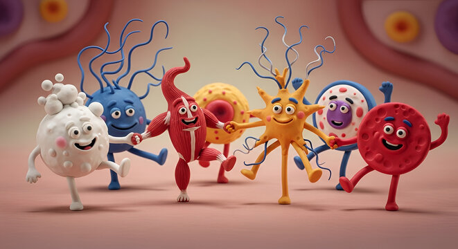 Animated clay cell characters holding hands in a cartoon style depicting happy scientific molecules against a bright smooth backdrop