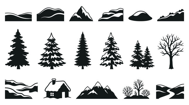 Outdoor Winter Nature Landscape Silhouette Glyphs. Mountains, Pine Trees, Cabin, Hills Vector Icons
