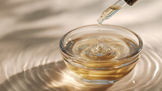 Essential oil dripping from pipette into glass bowl with water ripples