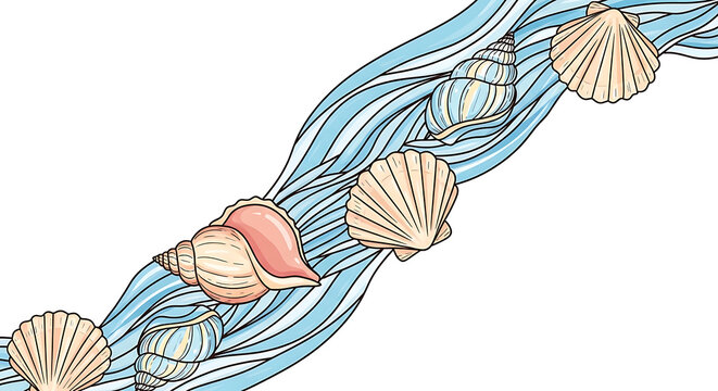 Stylized wavy blue water stream flowing with assorted seashells and pearls, decorative border element