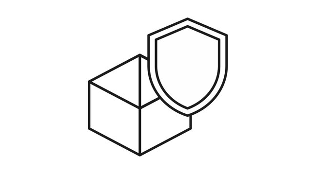 Secure Shipping and Package Protection Vector Icon. Black Line Art Illustration of a 3D Box with a Shield Symbol, Representing Delivery Insurance, Safe Logistics, and Product Security.
