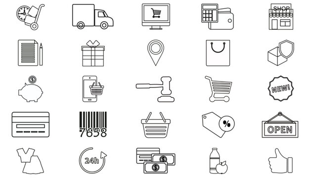 25 Minimalist Black Vector Icon Set Bundle for E-commerce, Retail, and Business. Collection Includes Shopping Cart, Delivery Truck, Finance, Logistics, Payment, and Storefront Symbols for Design.