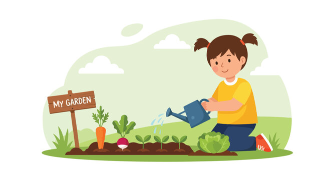 A young girl kneeling in a sunny patch of earth, watering her vegetable garden