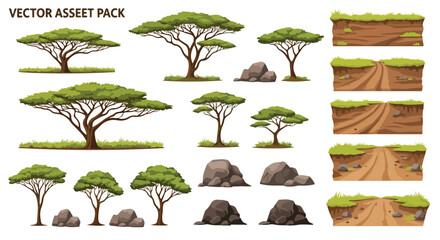Set of African Acacia Trees, Rocks, and Dirt Road Sections Vector © image stock