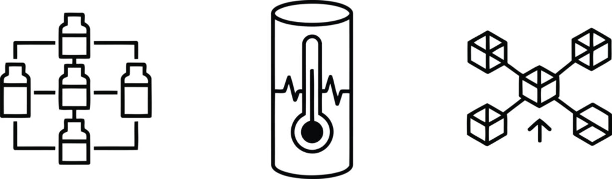 Vector of Minimalist outline icon set depicting medicine bottles and temperature monitoring and a network structure