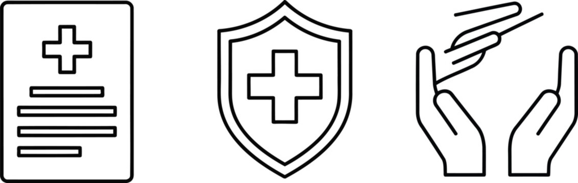 Vector of Set of three medical line art icons featuring a clinical document a health shield and hands holding a needle