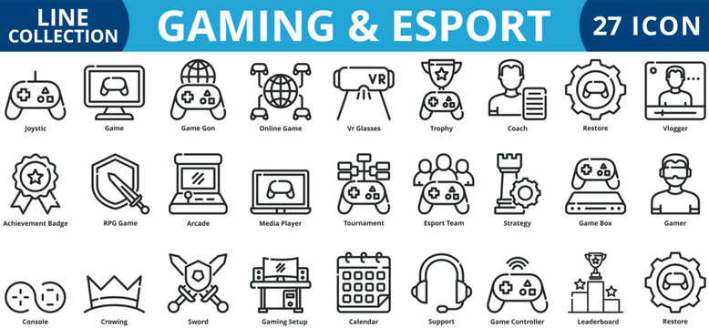 Gaming & esport icon set outline style icon set collection vector illustration