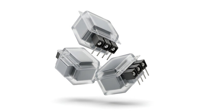 Three clear electronic components with metallic pins and internal circuitry floating against a white background, representing technology and data transfer