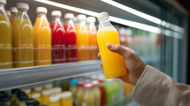 Customer reaching for juice bottle in convenience store fridge