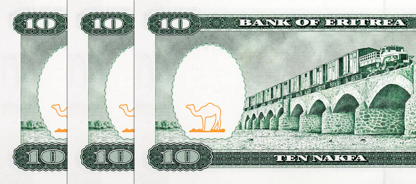 Eritrea 10 Nakfa 1997 Banknotes with the image of Viaduct over Dogali River and train. Paper money of Eritrea.