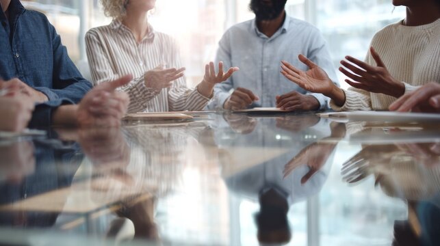 Group discusses ideas in a conference room with glass walls during a work meeting