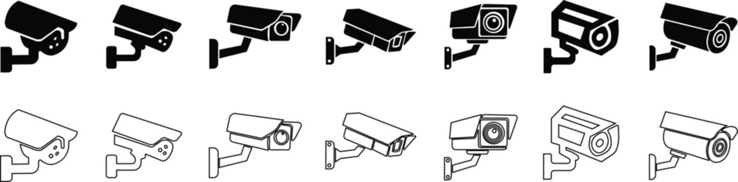 Security camera CCTV surveillance icon set collection group in black flat and line style featuring monitor, cam, recorder, protection and safety synonym elements for technology, monitoring and design 
