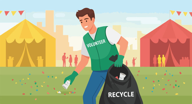 A young volunteer picking up trash and litter at an outdoor carnival festival