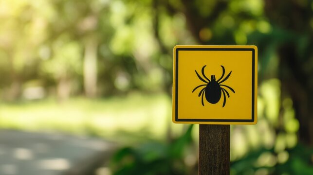 Caution sign warning about ticks in a green outdoor area during daylight hours