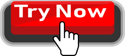Obraz premium A finger pressing a red button labeled try now isolated on transparent background