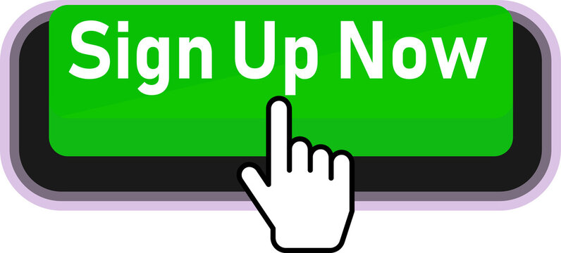 Finger pressing a green sign-up button with white text isolated on transparent background