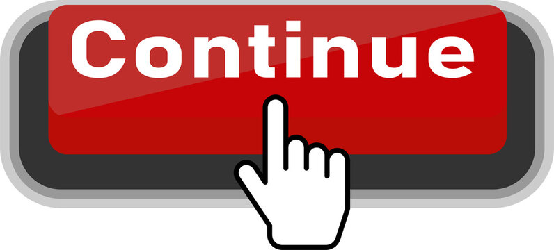 Finger pressing a red continue button on a smartphone screen isolated on transparent background