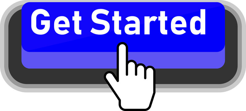Finger pressing a large get started button on a digital device screen isolated on transparent background
