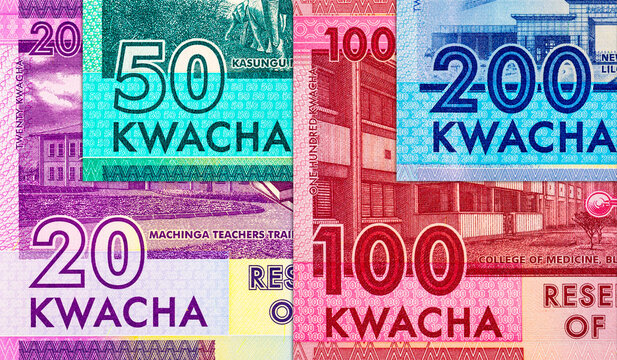 Malawian Kwacha banknotes (MWK) featuring various denominations. Malawi national currency. Money of Africa
