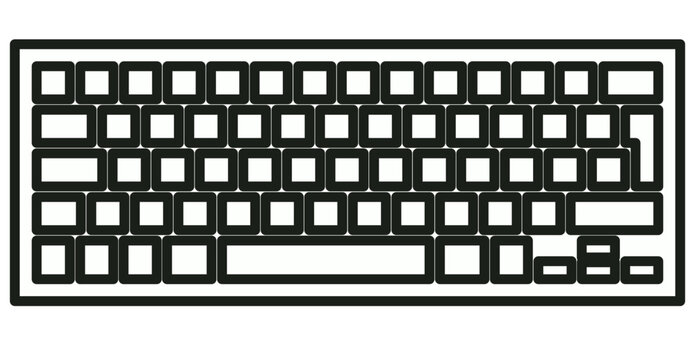 Minimalist black and white vector illustration of a computer keyboard icon, featuring a clean line art design of keys and layout, perfect for technology, gaming, and office-related graphics.