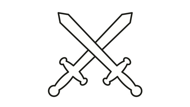 Crossed swords vector icon illustration, minimalist black line art of medieval knightly weapons for battle, combat, and heraldry symbols, simple scalable graphic design element isolated on white