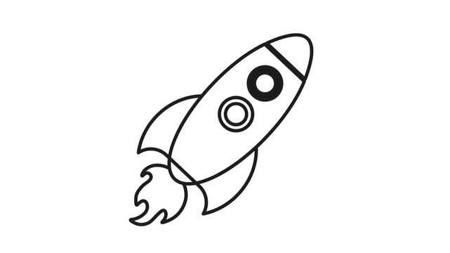 Black line art vector icon illustration of a rocket ship launching, with a rounded body, porthole windows, fins, and exhaust flames, perfect for space travel and startup concepts.