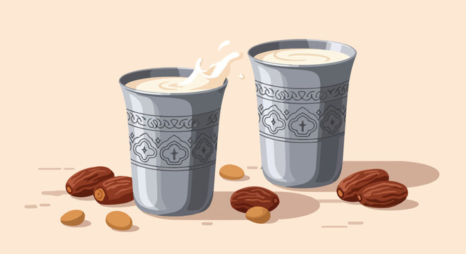 Two ornate silver cups filled with milk and scattered dried date fruits nearby
