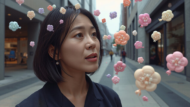 話すたびに桜の風船が口から出てくる日本人の幻想的な姿