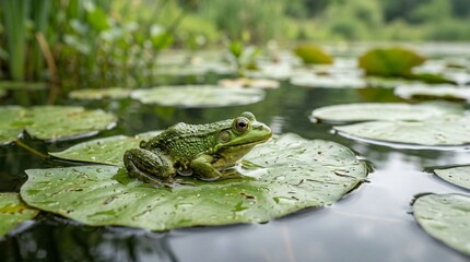 Obraz premium Green Frog Sitting on Lily Pad in Pond