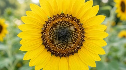 Obraz premium close up of a bright yellow sunflower with a dark center and green blurred background