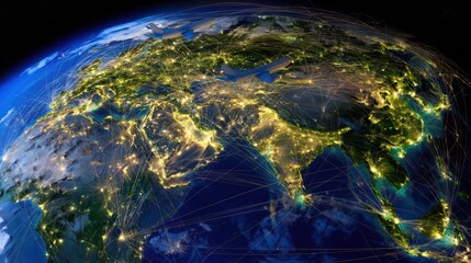 Fototapeta premium Ultra-realistic futuristic airline technology concept of aircraft linked by glowing global data lines. Modern aviation network connects airports and continents visually.