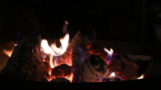 Burning Firewood with Flames at Night &ndash; Close Up Fire in Dark Background 4K No Sound