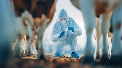 A veterinarian in full protective gear collects samples near livestock, emphasizing biosecurity. The tense setting highlights disease prevention and animal health expertise.