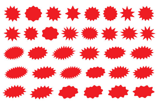 PrintStarburst red sticker set - collection of special offer sale round and oval sunburst labels and buttons isolated on white background. Stickers and badges with star edges for promo advertising.