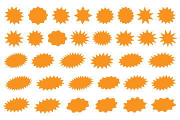 PrintStarburst red sticker set - collection of special offer sale round and oval sunburst labels and buttons isolated on white background. Stickers and badges with star edges for promo advertising. © Top