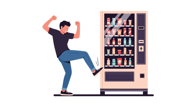 An angry man kicks a malfunctioning snack and drink vending machine in frustration