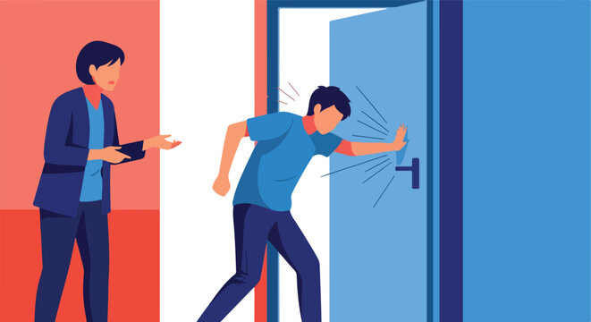 A man frustratedly slams his hand against a closed door as a woman looks on