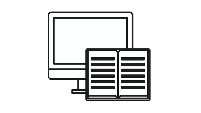 Online education and e-learning vector icon featuring a computer monitor and an open book. Minimalist black line art illustration for digital library, academic research, and distance learning.
